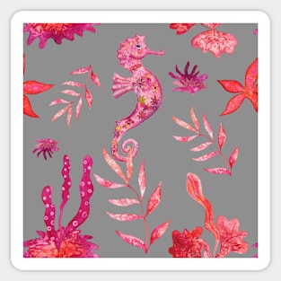 Red Seahorse and Algae (on gray background) Sticker